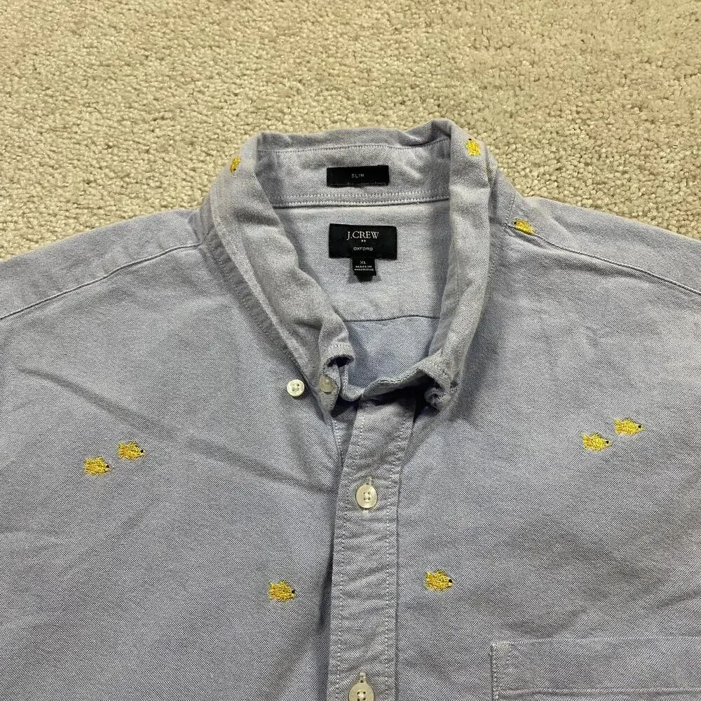 J Crew Shirt Mens XL Blue Oxford Short Sleeve Gold Fish Embroidered Slim Fit